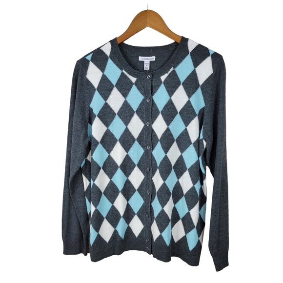 New Croft Barrow Cardigan Sweater size Large Petite Argyle Blue Gray Button Up - Picture 2 of 7